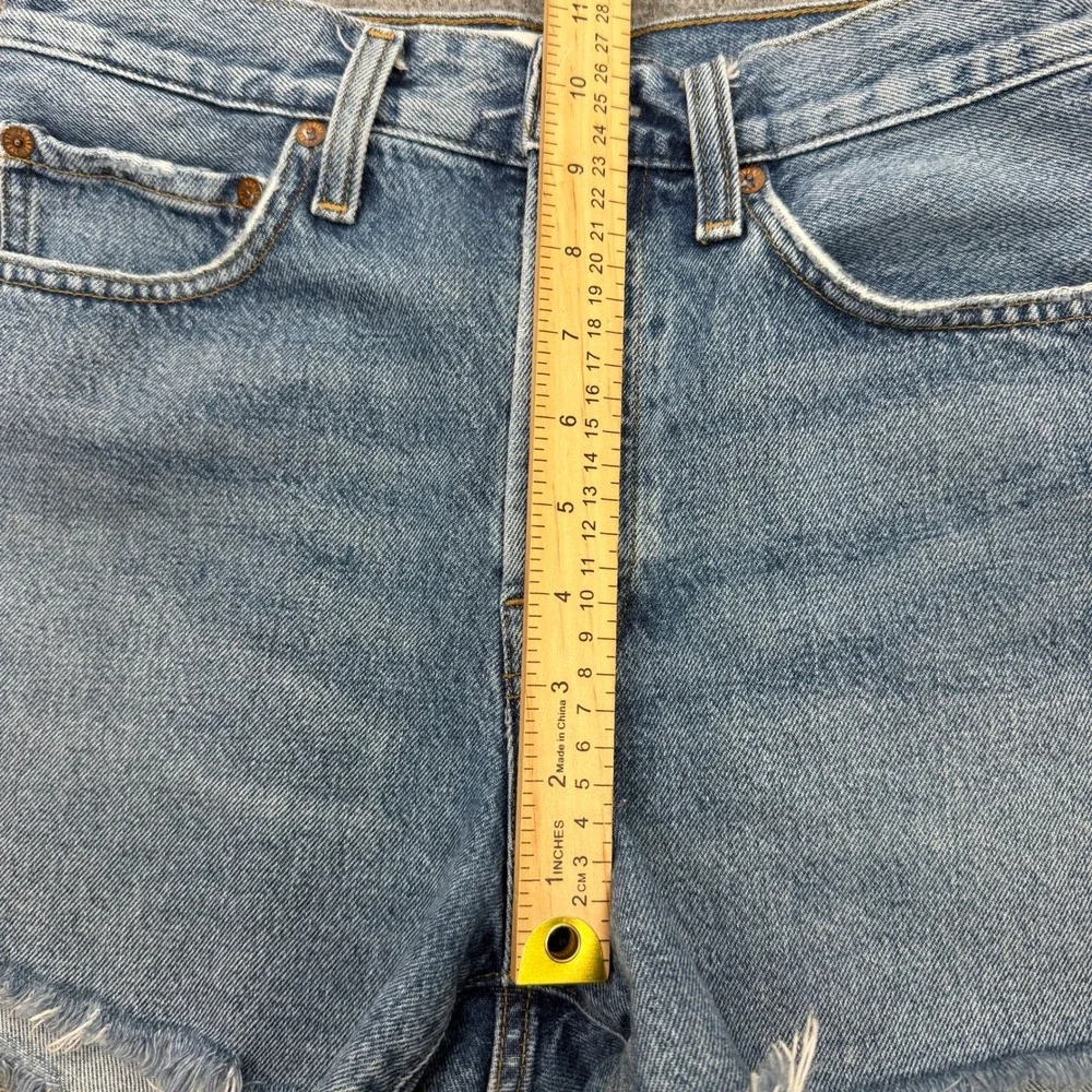 AGOLDE Parker Long High Rise Denim Shorts 26 Blue Frayed Hem